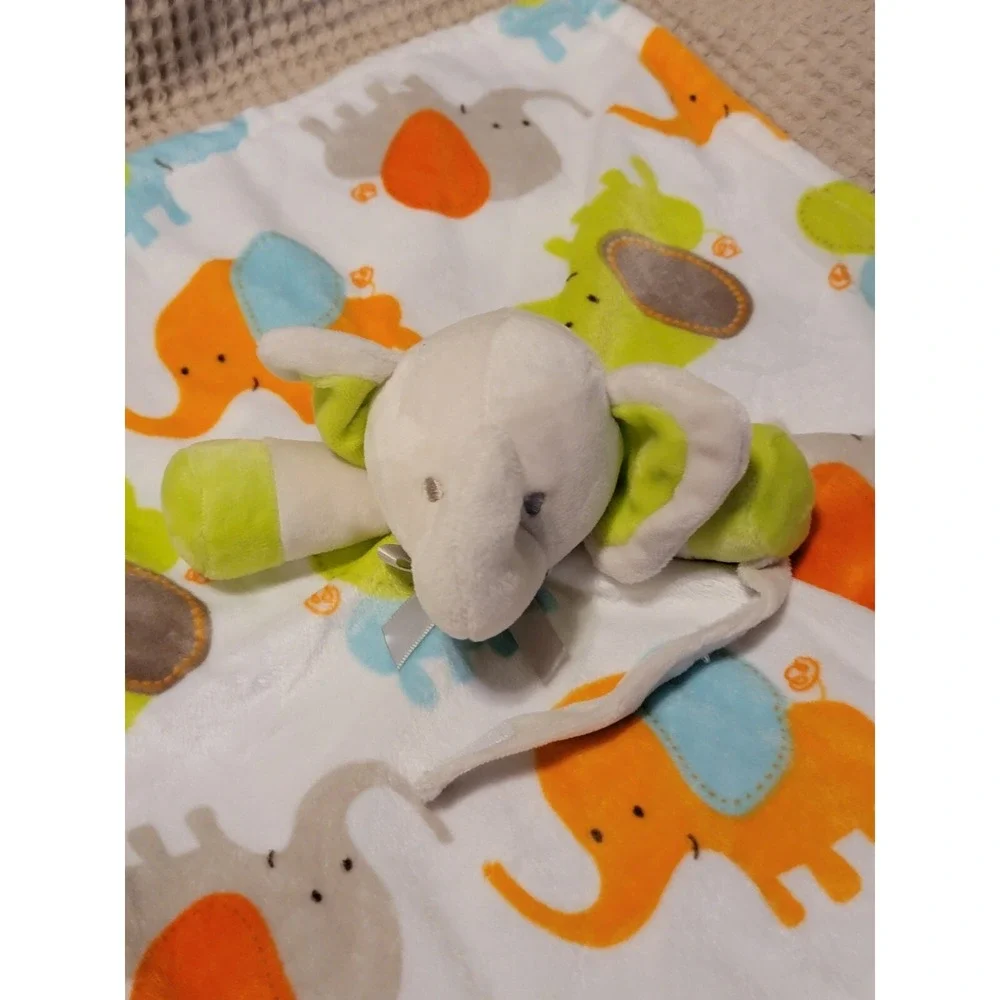 Blankets & Beyond Gray Elephant Lovey Baby Security Blanket Green Orange Blue